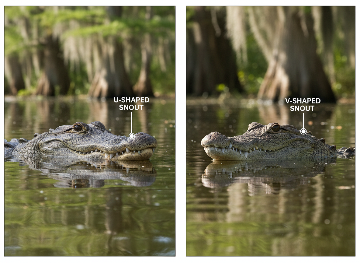 An educational side-by-side comparison illustrating the distinct U-shaped snout of an alligator and the V-shaped snout of a crocodile, with clear anatomical labels pointing to the snout differences, in a natural habitat setting.