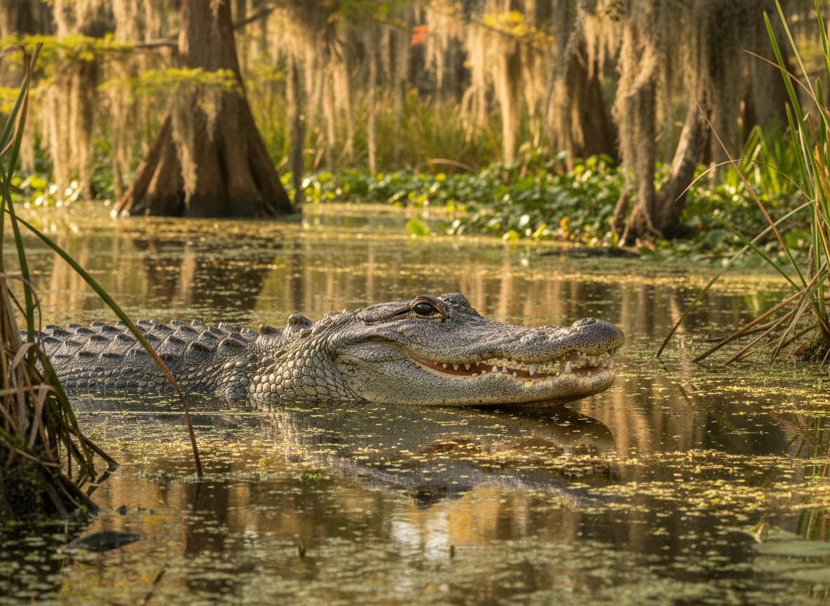 A detailed illustration of an American Alligator in a freshwater swamp, with its U-shaped snout visible, and its lower teeth hidden when its mouth is slightly ajar, showing its powerful jaw structure in a natural setting.