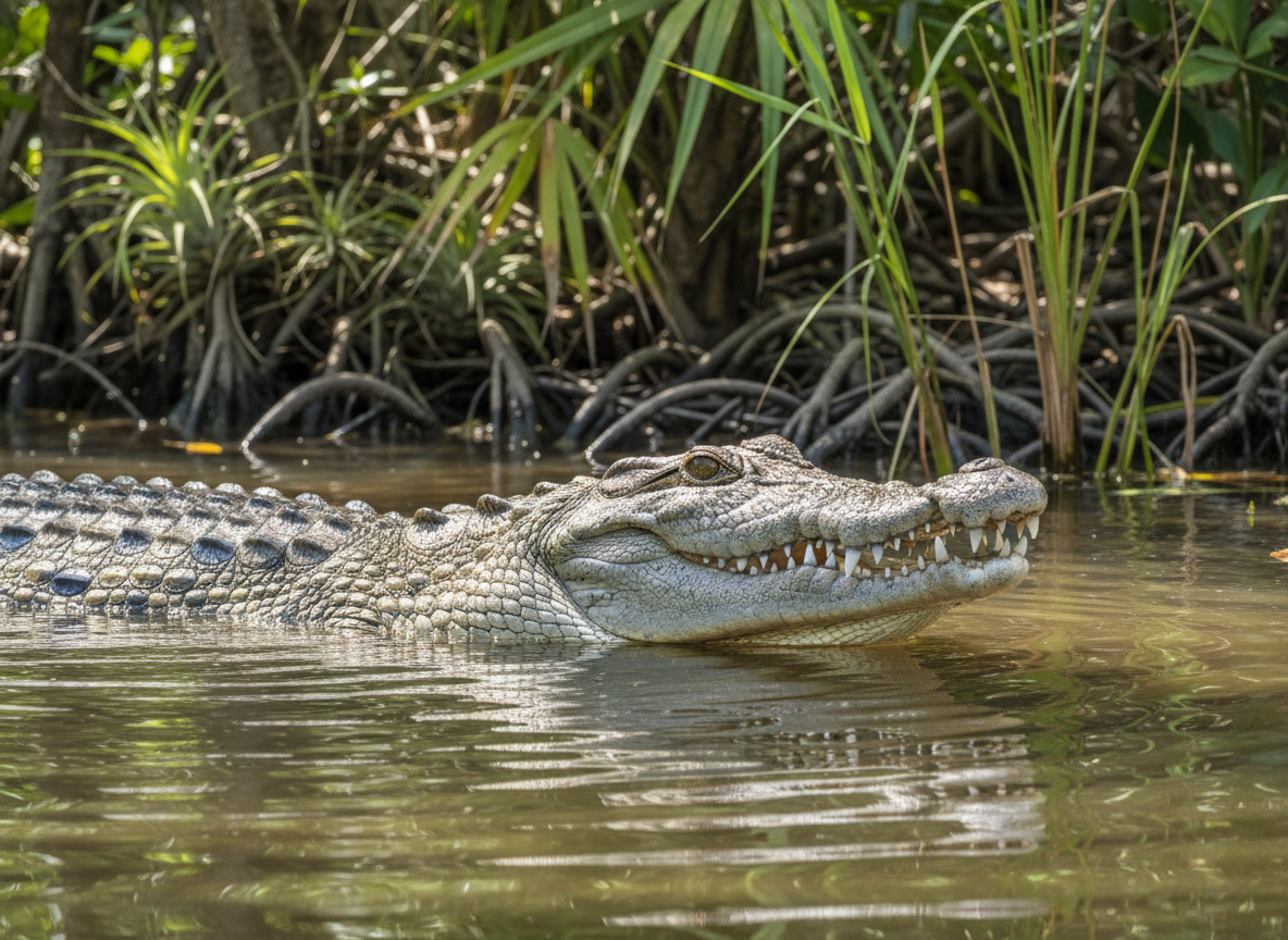 An educational scene showing an American Crocodile in a brackish water habitat, with its V-shaped snout and the distinct fourth lower tooth clearly visible protruding above its upper jaw, in a tropical wetland environment.