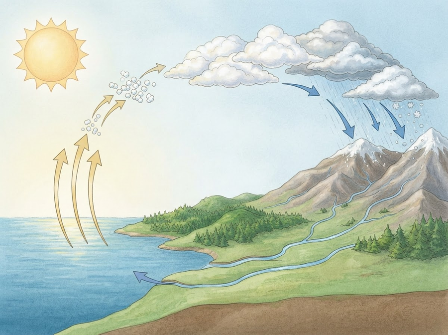 A clear, educational diagram illustrating the water cycle: sun warming water, evaporation, condensation forming clouds, precipitation, and collection, with simple, accurate arrows.