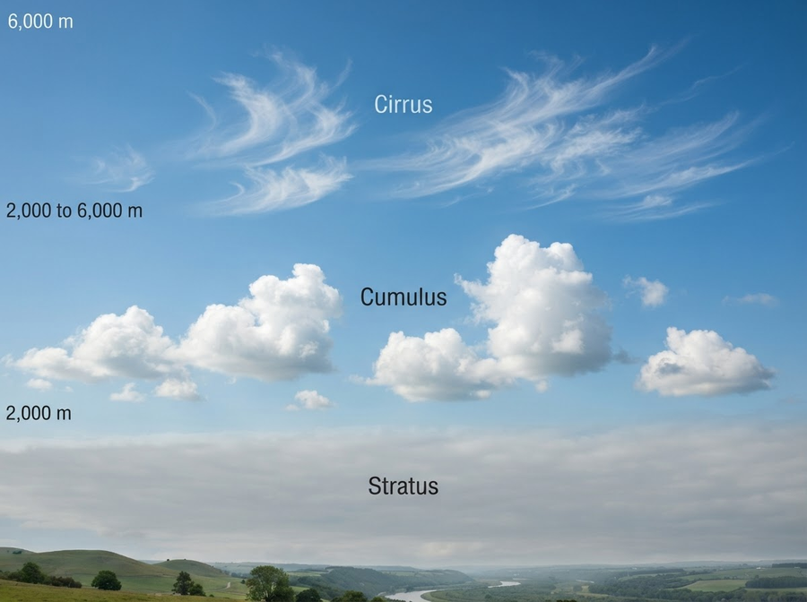 A detailed, educational image of the three main cloud types (Stratus, Cumulus, Cirrus) clearly labeled, against a clear sky, showing their distinct appearances and relative heights.