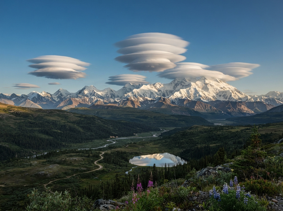 An educational image of unusual lenticular clouds forming over a mountain range, showcasing their distinctive stacked or saucer-like appearance.