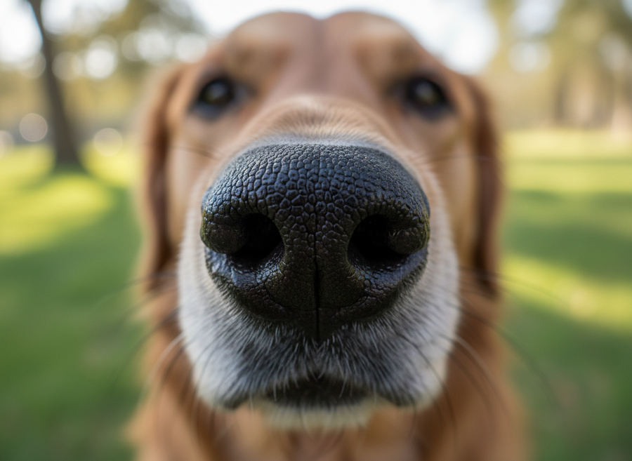 Close-up of a dog's wet nose, showing intricate texture, with a subtle blur in the background, emphasizing the sense of smell, educational, naturalistic.