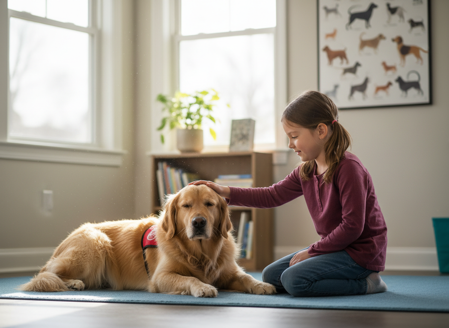 A child gently petting a therapy dog in a calm, bright room, the dog looking content, illustrating the human-animal bond, educational, naturalistic.