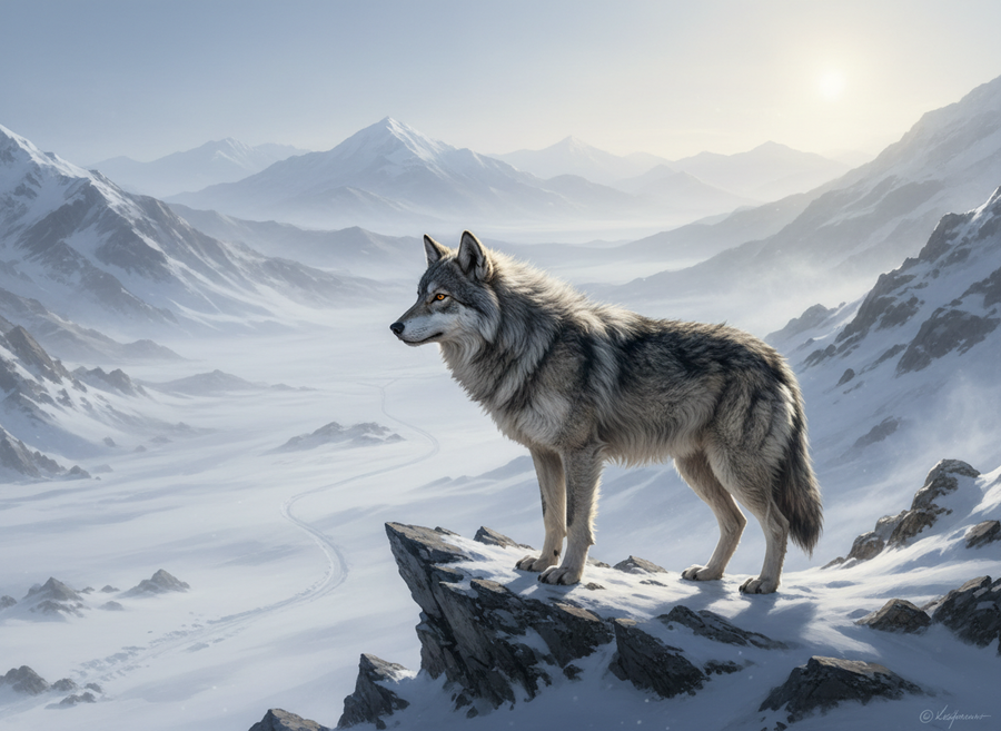 An ancient wolf-like ancestor of dogs, standing alert on a snowy, rocky outcrop, looking into the distance, representing the domestication journey, educational, naturalistic.