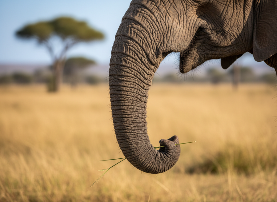 A close-up of an African elephant's trunk, gently grasping a single blade of grass, showing the detailed skin texture and finger-like tip.