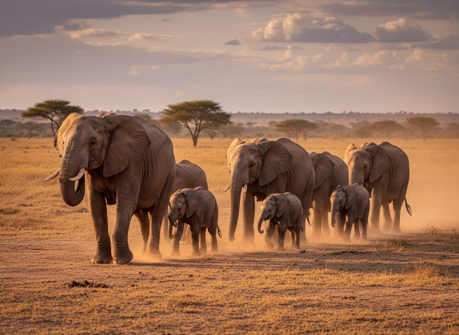 A herd of female elephants and their calves walking together in a line across a dusty plain, led by a wise matriarch, depicting their strong social bonds.