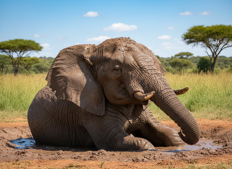 An elephant enjoying a mud bath, covered in wet mud, with a contented expression, showing its role in skin protection and hygiene.