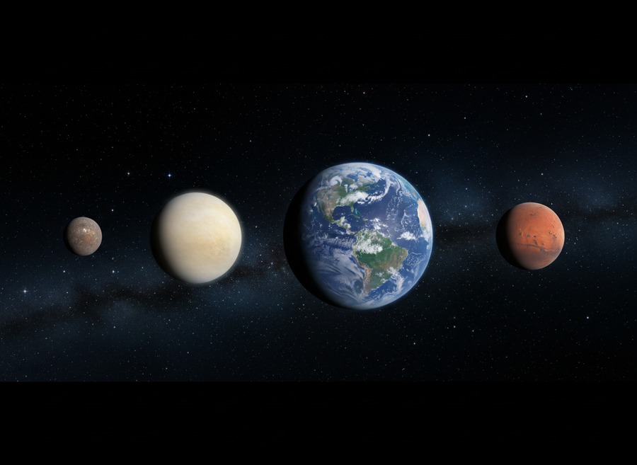 A naturalistic group shot of the four rocky inner planets (Mercury, Venus, Earth, Mars) floating in space, highlighting their distinct colors and sizes. No cartoon elements, no text.