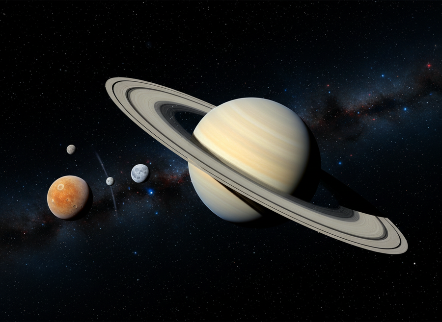 A detailed, naturalistic view of Saturn and its prominent rings, with a few of its moons visible nearby, against a deep space backdrop. No cartoon elements, no text.