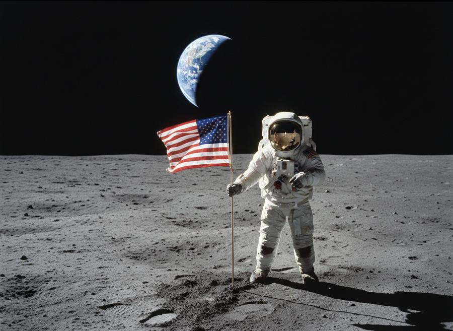 Historical, naturalistic image of an astronaut in a spacesuit standing on the dusty lunar surface with the Earth visible in the background, representing the Apollo missions, no cartoon, no text