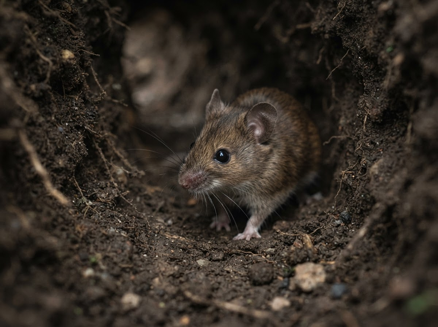 A close-up, naturalistic shot of a field mouse twitching its whiskers in a dimly lit tunnel, highlighting its sensory perception