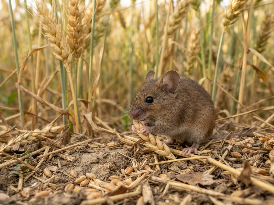A naturalistic scene of a small mouse carefully nibbling on a fallen grain of wheat in a field