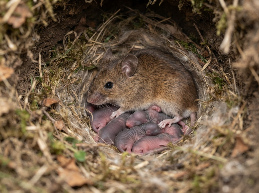 A mother mouse nestled in a soft, natural nest with several tiny, newborn pups huddling close to her
