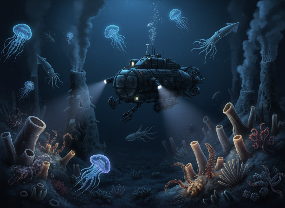 An advanced submersible exploring the dark, deep ocean floor, with strange bioluminescent creatures in the foreground. Naturalistic, no cartoon, no text.