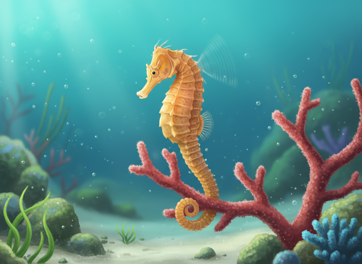 A detailed, educational illustration of a seahorse's unique upright swimming posture, showing its rapidly fluttering dorsal fin and prehensile tail gripping a piece of coral, no cartoon, no text.