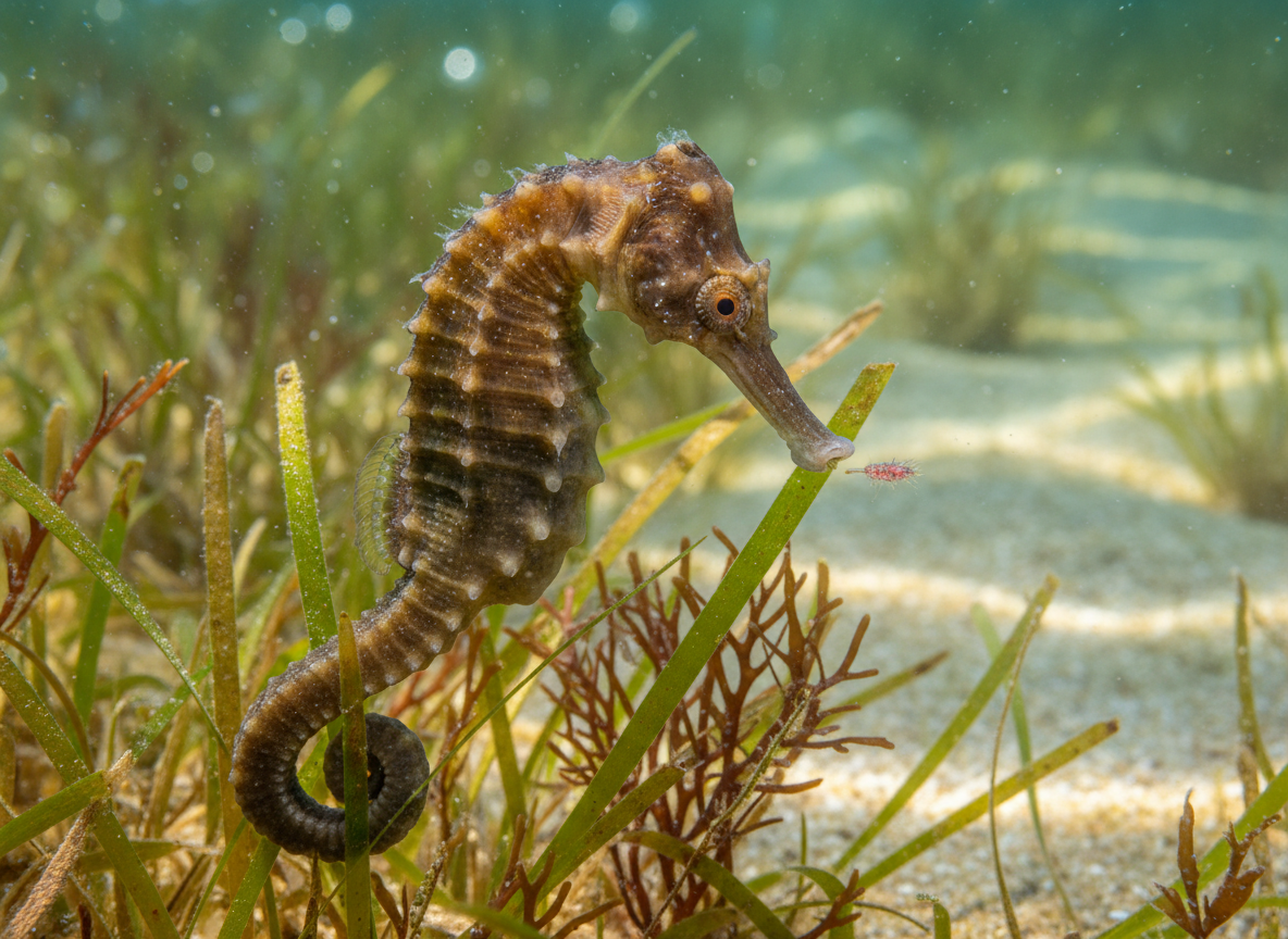 An educational scene depicting a camouflaged seahorse blending seamlessly with its seagrass habitat, with one eye scanning forward and the other backward, about to suck up a tiny copepod, no cartoon, no text.