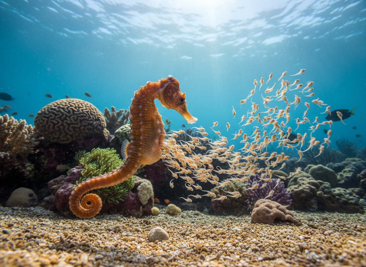 A male seahorse with a visibly swollen brood pouch, gently releasing a cloud of miniature, perfectly formed baby seahorses (fry) into the ocean, showcasing the unique reproductive process, no cartoon, no text.