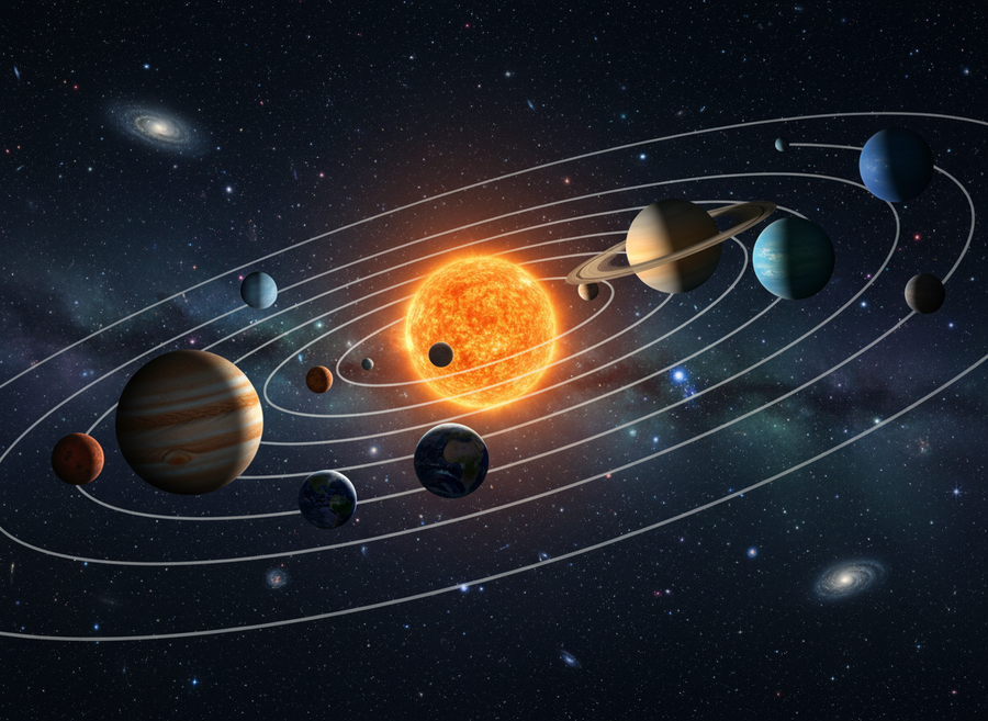Educational documentary shot of the eight planets of our solar system orbiting the Sun, with accurate relative sizes and distances (though condensed for visual clarity), against a backdrop of distant stars.