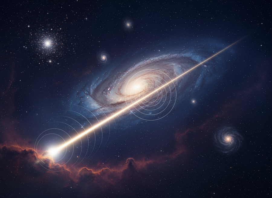 Educational documentary shot of a light beam traveling through the vacuum of space, with annotations (subtle, integrated, non-textual graphic elements) suggesting immense distance and time, against a backdrop of distant nebulae.