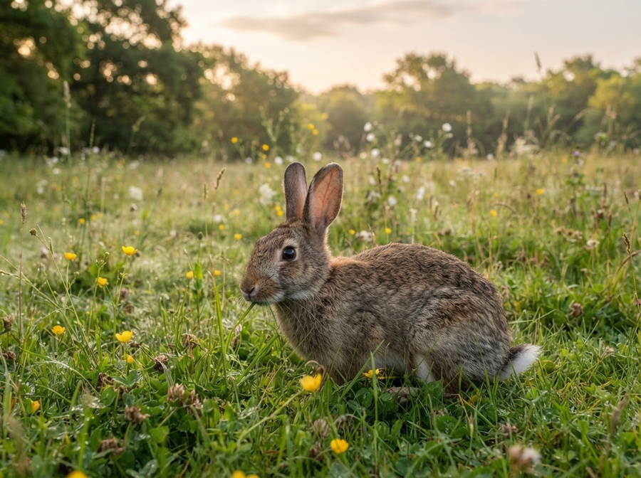 A realistic wild rabbit, with long ears and twitching nose, foraging for grass and clover in a grassy field at dawn, natural light, no cartoon, no text.