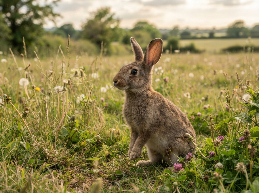 A realistic wild rabbit in a field, ears swiveling independently, alert pose, illustrating its keen sense of hearing, natural light, no cartoon, no text.