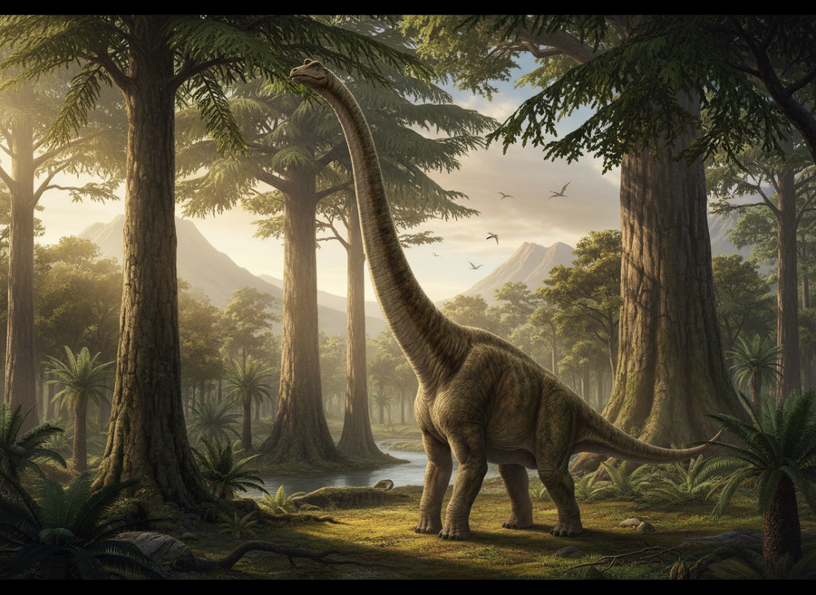 A detailed depiction of a long-necked Brachiosaurus reaching for leaves at the top of an ancient tree in a Jurassic landscape.