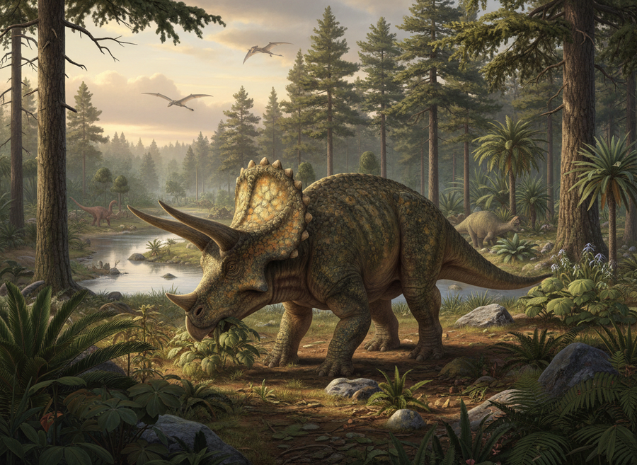 A life-like illustration of a Triceratops with its distinctive frill and three horns, grazing peacefully in a Cretaceous environment.