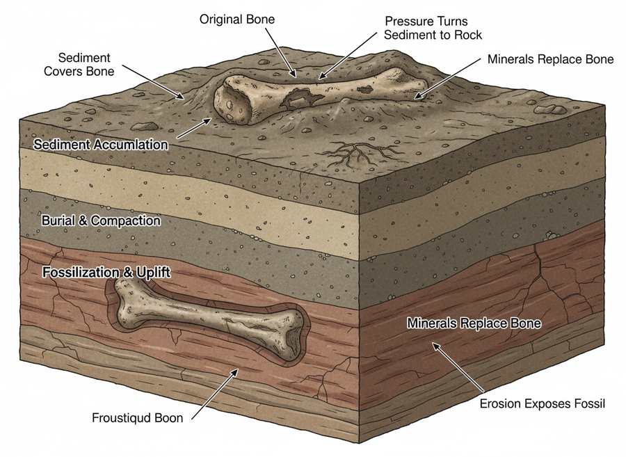 An educational cross-section showing how a dinosaur bone becomes a fossil over millions of years within layers of sedimentary rock.