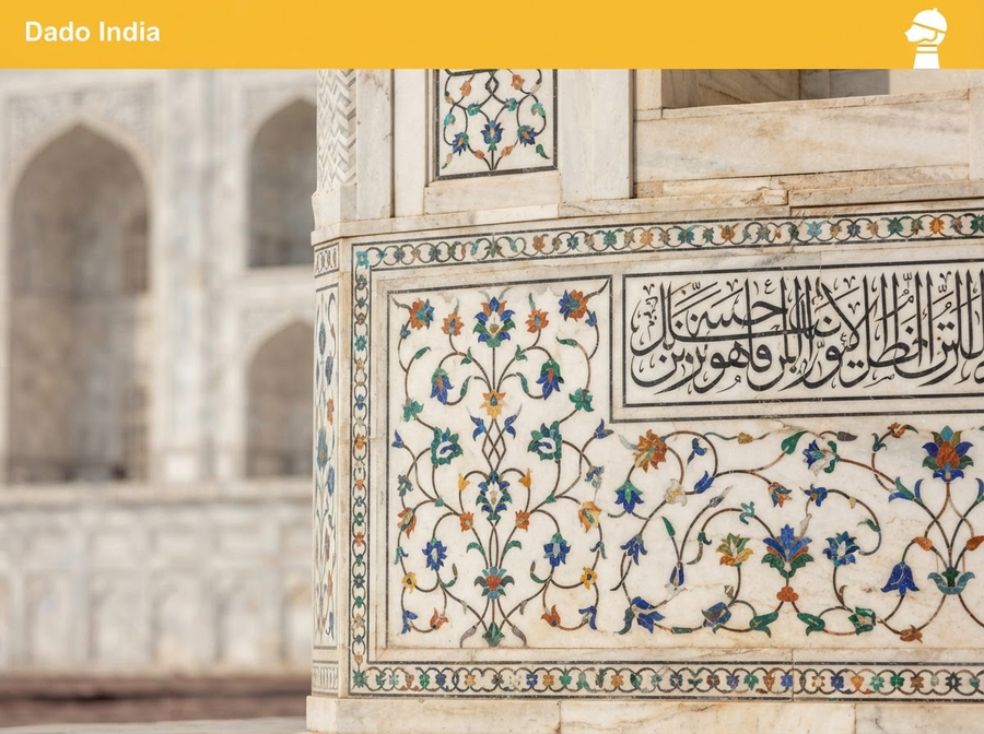 A detailed, eye-level view of the intricate marble inlay work on the Taj Mahal, showcasing delicate floral patterns and calligraphy, no people, natural lighting.