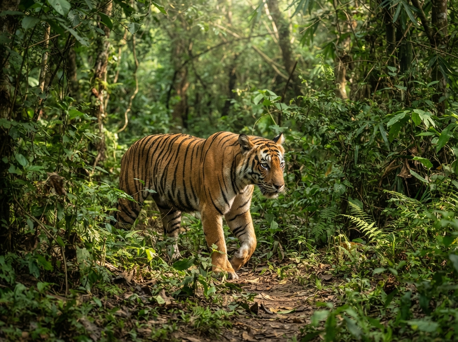 A majestic Bengal tiger with its distinctive orange and black stripes, walking through dense green jungle foliage, soft dappled sunlight, naturalistic, no text.