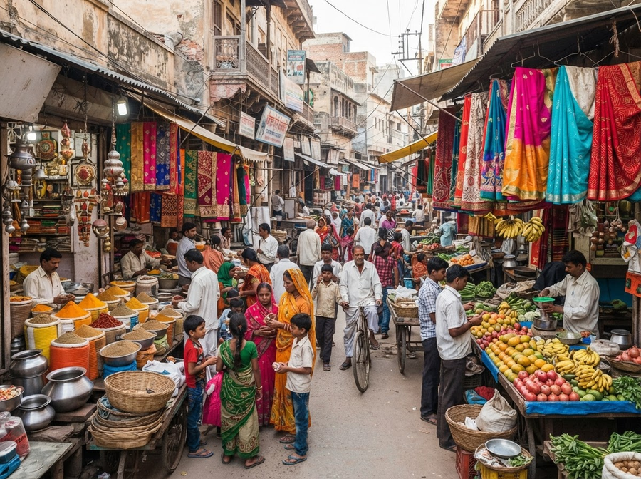A colorful, bustling Indian street market scene with stalls selling spices, textiles, and fresh produce, people in traditional attire, vibrant atmosphere, no text.