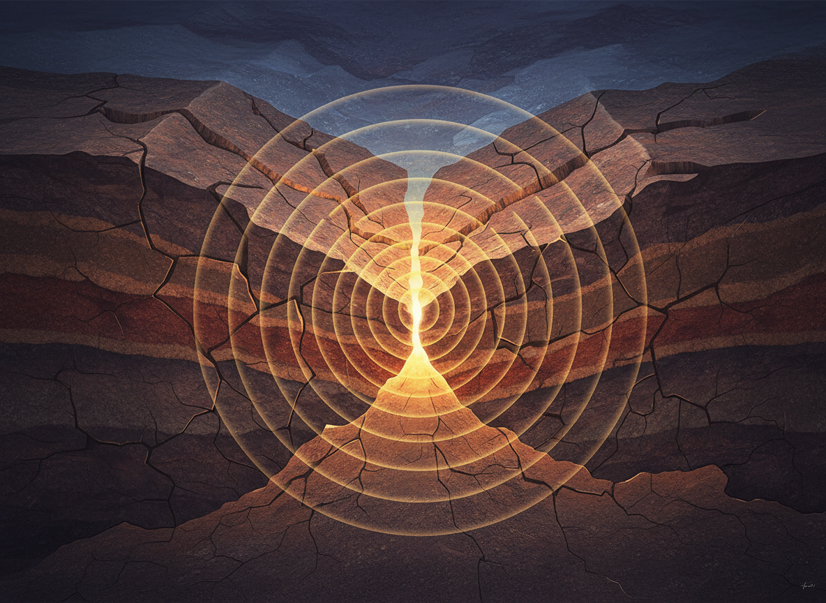 A realistic illustration of two large, jagged tectonic plates grinding against each other deep underground, with seismic waves emanating from the point of contact, no cartoon, no text.