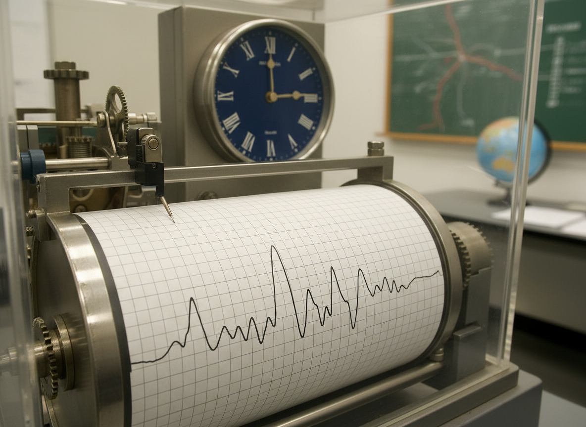 A close-up, realistic view of a seismograph machine, showing its drum with a pen drawing a squiggly line (a seismogram) as it records ground vibrations, with a clock in the background, educational, no text.