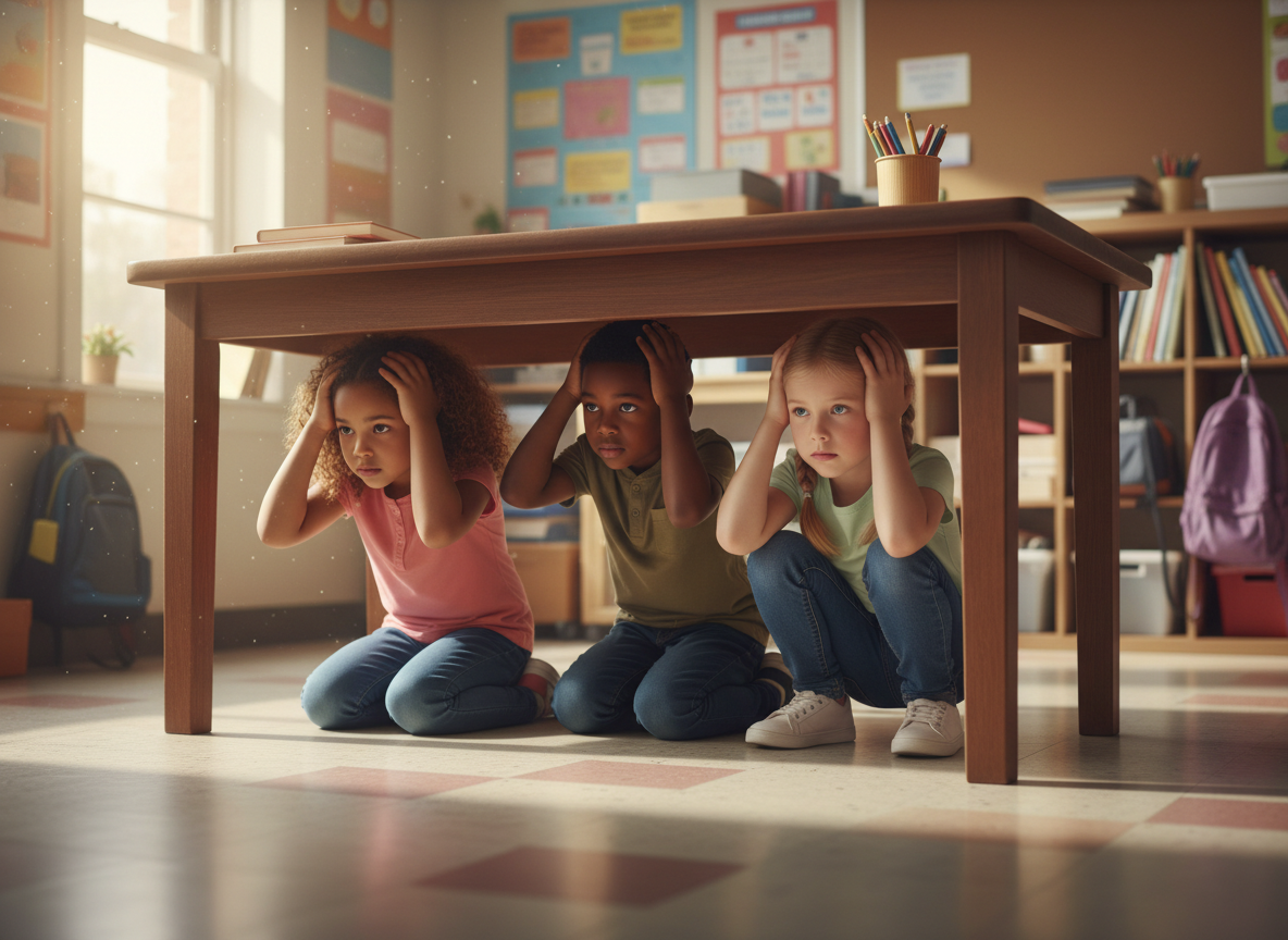 A diverse group of three children (ages 6-9) practicing 'Drop, Cover, and Hold On' under a sturdy wooden table in a classroom setting, looking serious but calm, educational, no text.