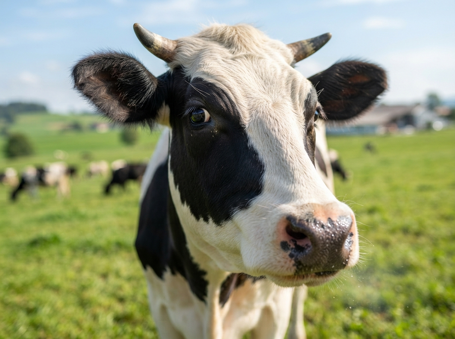 A close-up, naturalistic shot of a cow's face, showing its large, gentle eye and wet nose, with a hint of green pasture in the soft focus background.