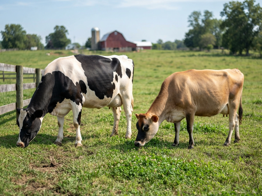 An educational side-by-side comparison illustrating two distinct cow breeds, perhaps a black and white Holstein and a brown Jersey, clearly showing their different sizes and markings in a natural farm setting.