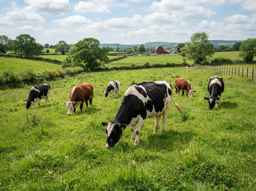 A wide, naturalistic shot of several cows grazing peacefully in a lush, green pasture under a clear sky, showing their interaction with the environment.