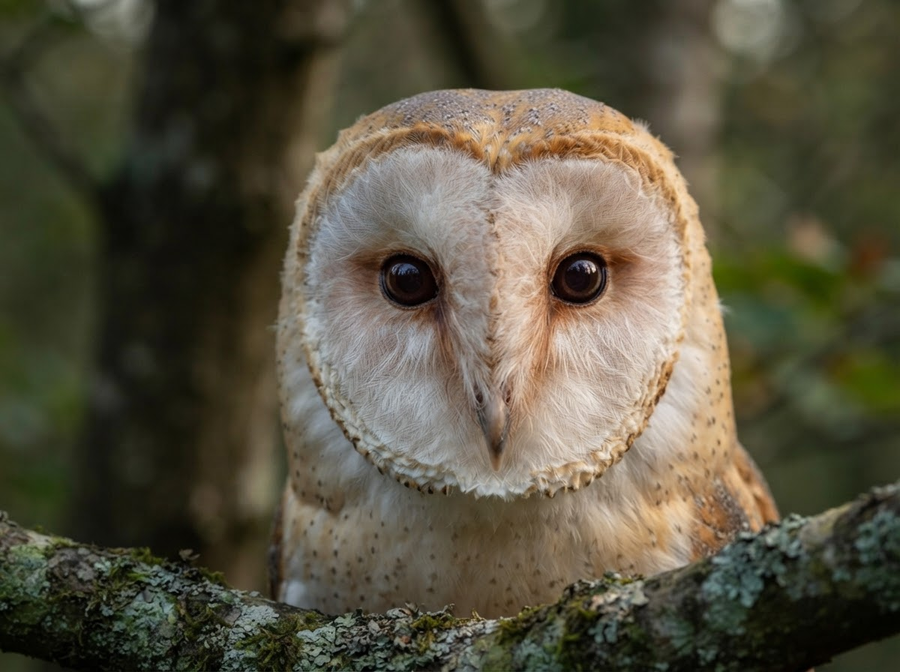 A close-up, detailed shot of an owl's head, highlighting its large, fixed eyes and the feather-covered facial disc that funnels sound to its ears. Focus on the intricate feather patterns.