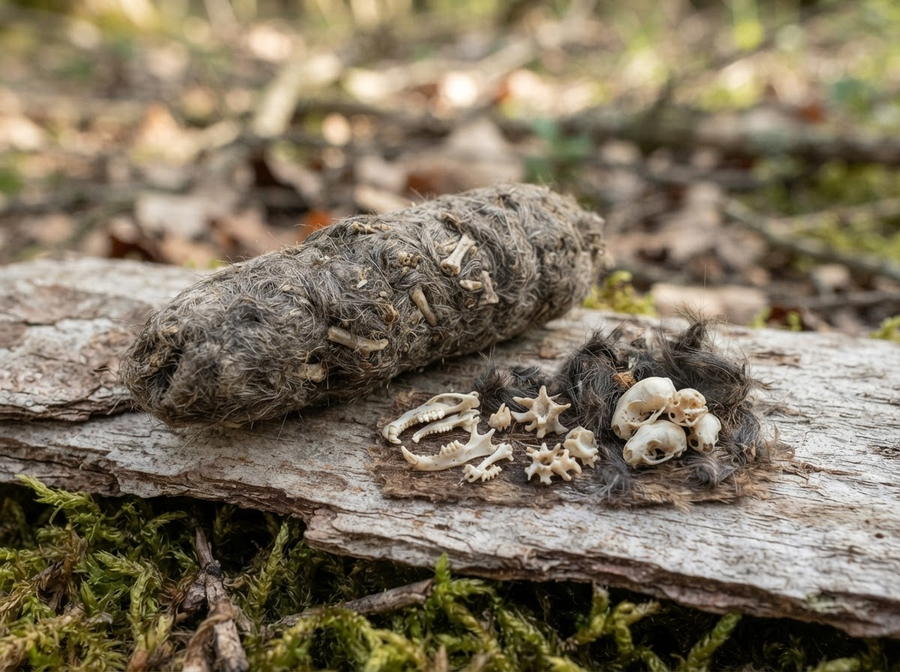 A scientific illustration or detailed photograph of an owl pellet, showing small bones and fur clearly visible within the compact, gray mass, against a simple, clean background.