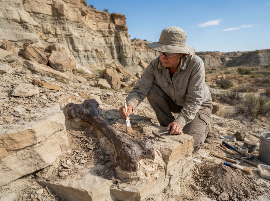 Educational, documentary style, a paleontologist carefully excavating a large dinosaur bone from sedimentary rock in a desert environment, using small tools like a brush and pick, sun shining, no cartoon, no text.