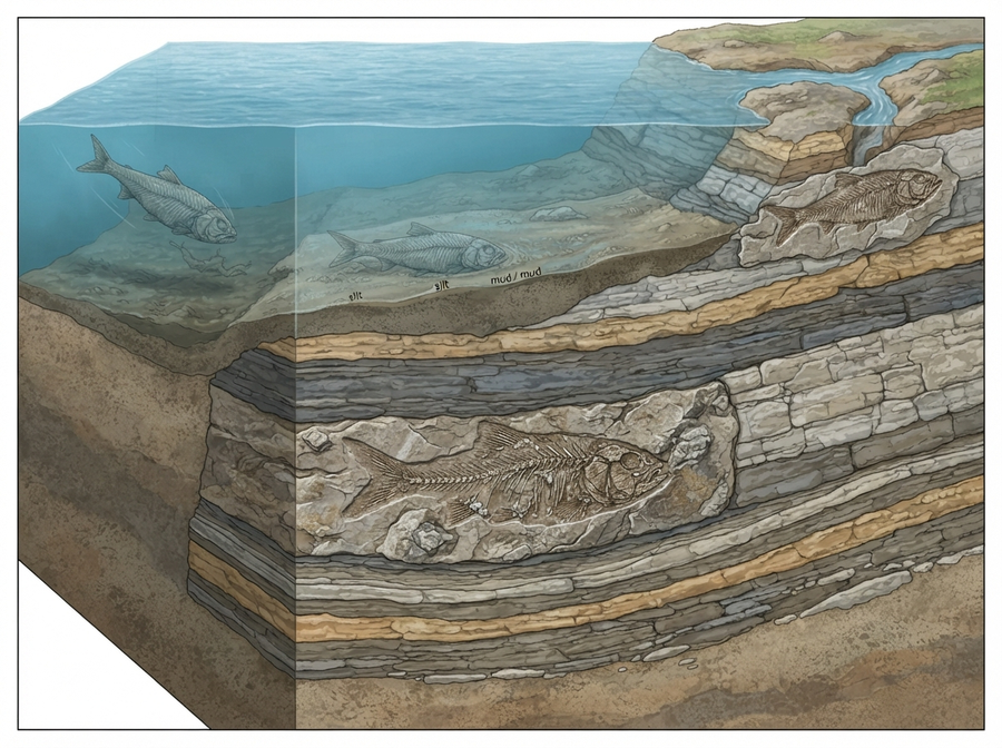 Educational, documentary style, a cross-section diagram showing the stages of fossilization: an ancient fish dying and sinking, being covered by layers of sediment, mineralization occurring, and then being exposed by erosion, no cartoon, no text.