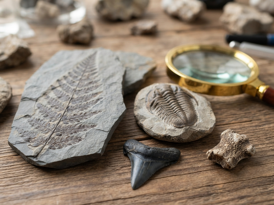 Educational, documentary style, a close-up of various types of fossils laid out on a table for study: a fern imprint, a trilobite, a shark's tooth, and a small bone fragment, with a magnifying glass nearby, natural light, no cartoon, no text.