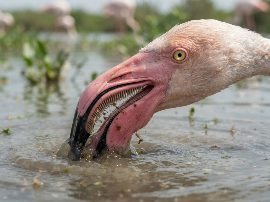 A close-up, educational view of a flamingo's specialized beak filtering water for food, showing the lamellae inside its beak, naturalistic, no cartoon, no text