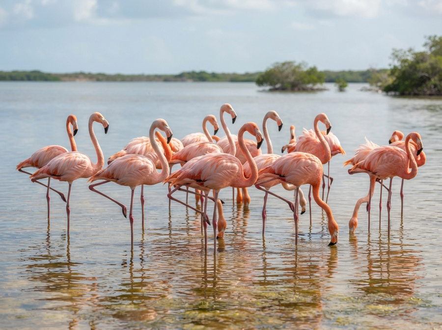 An educational scene showing a group of flamingos standing gracefully on one leg in shallow water, natural light, no cartoon, no text