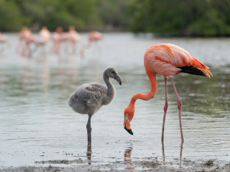 An educational, naturalistic view of a flamingo chick with dull grey feathers next to a vibrant pink adult flamingo, illustrating the color change, no cartoon, no text