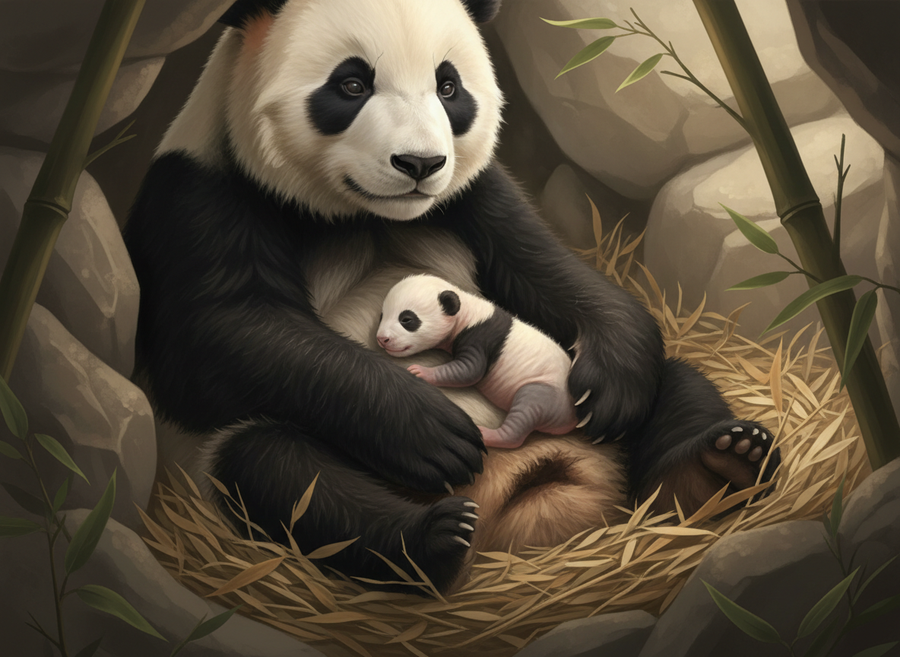 A Giant Panda cub, tiny and pink, nestled safely in its mother's arms in a cozy den, naturalistic, educational, no cartoon, no text