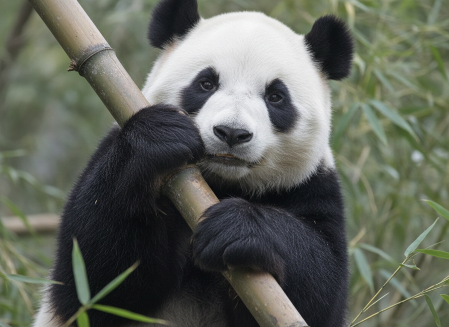 A Giant Panda using its 'extra thumb' to grip a thick bamboo stalk, close-up on its paws and the bamboo, educational, naturalistic, no cartoon, no text