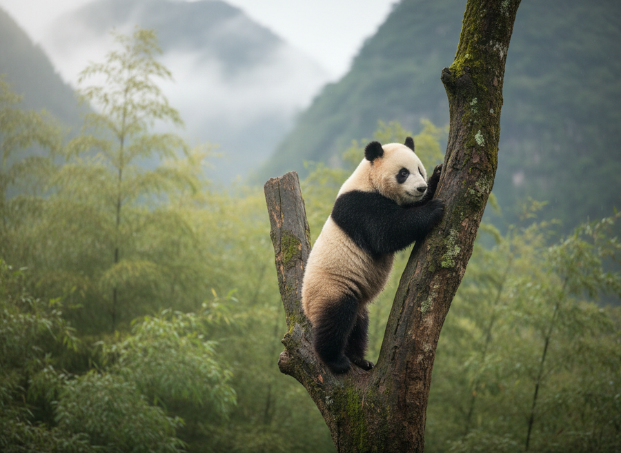 A Giant Panda climbing high up a tree in a misty mountain forest, showcasing its agility and natural habitat, educational, naturalistic, no cartoon, no text