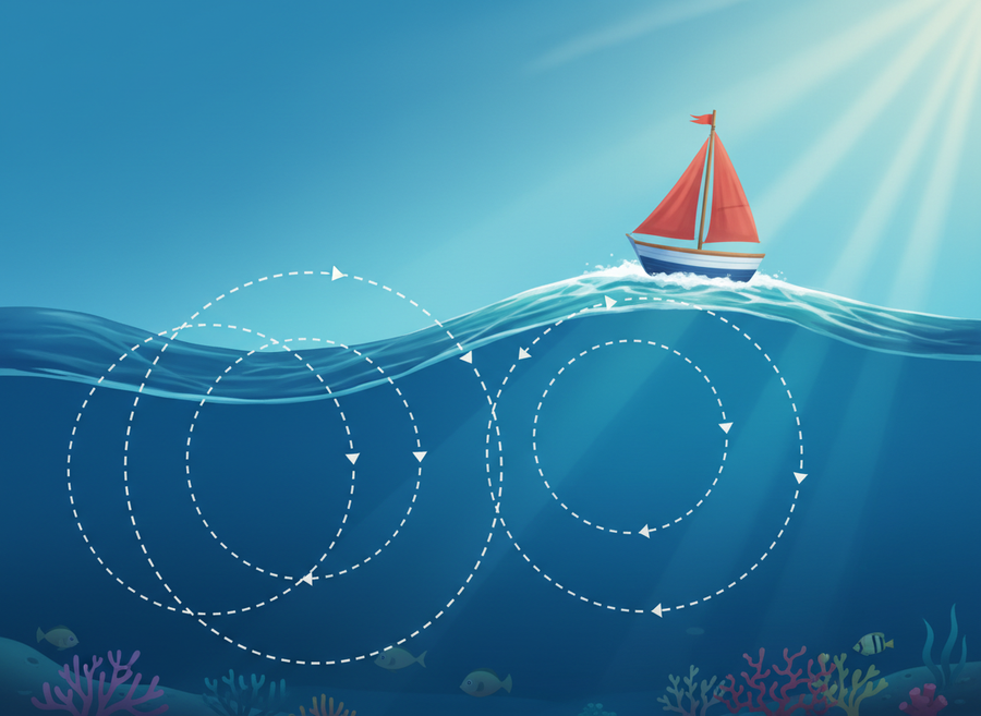 Cross-section diagram of water particles in the deep ocean moving in circular orbits as a wave passes, with a small boat bobbing on the surface.